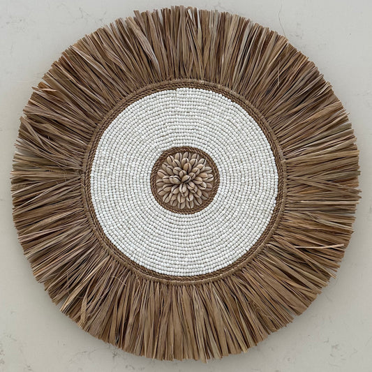 Sunshine Medium Bead Shell and Raffia Wall Disk | White | 40cm
