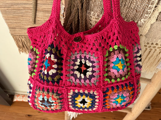 Nina Natural Cotton Granny Square Beach Bag | Crochet | Bubblegum