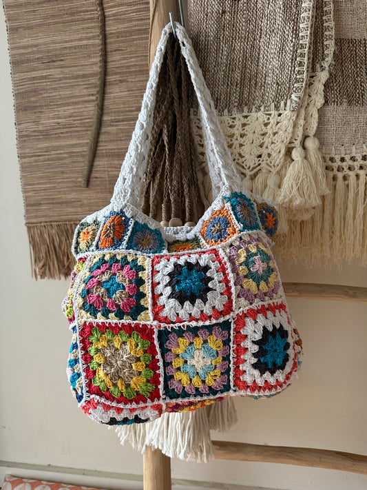 Nina Natural Cotton Granny Squares Beach Bag | Crochet | White