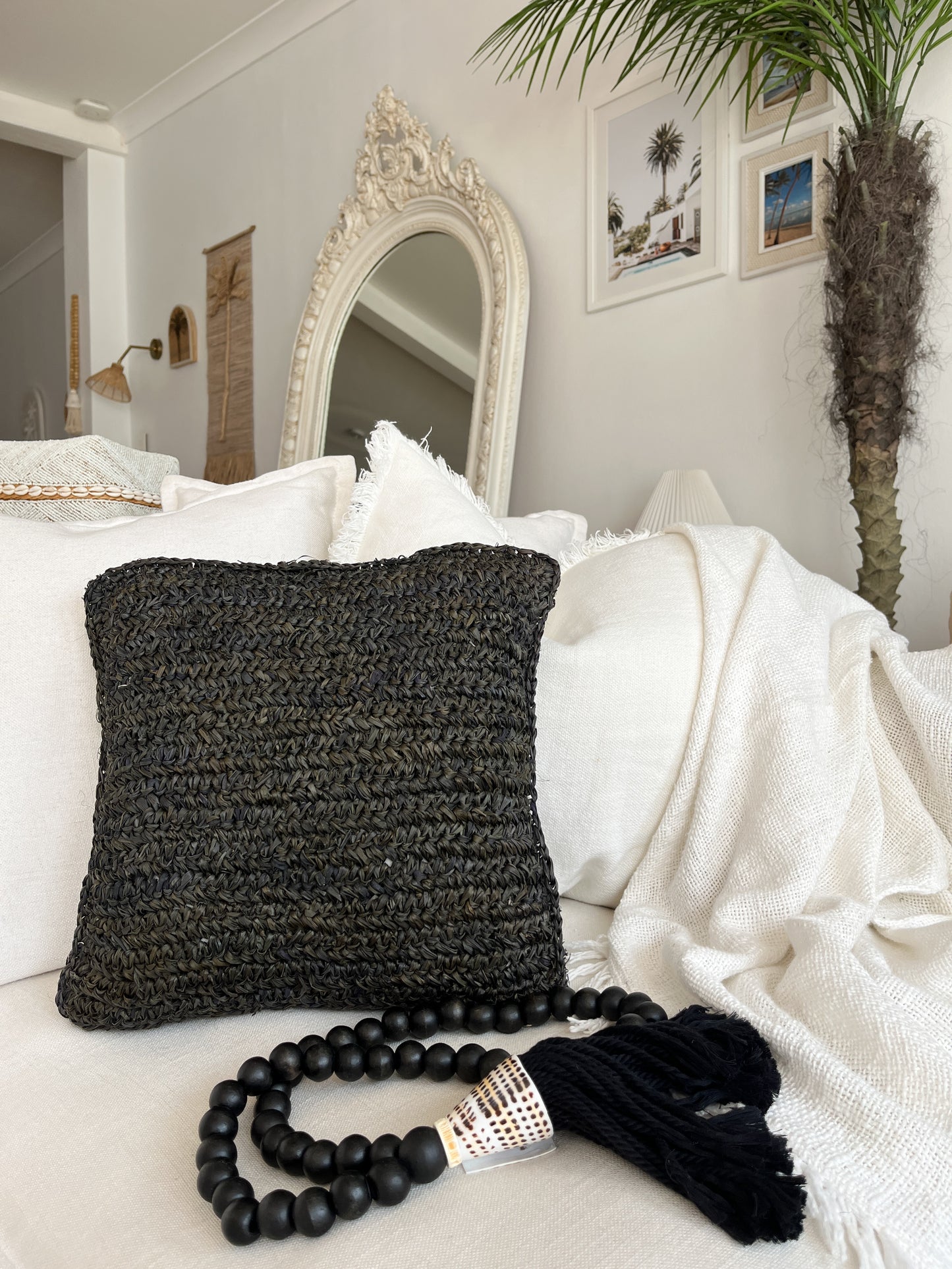 Raffia Cushion Cover | Black | Natural