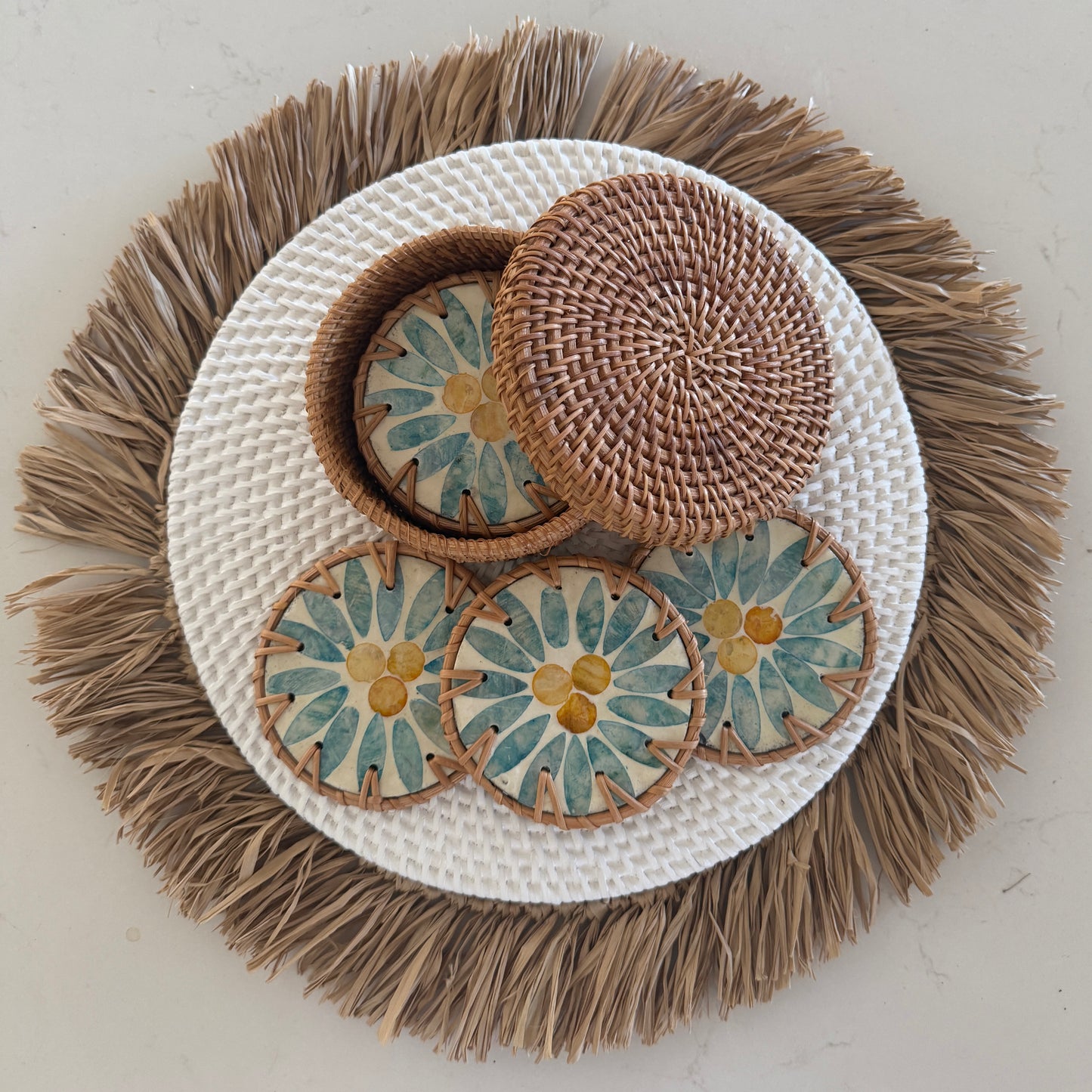 Capiz & Rattan Drink Coaster | Set of 6 | ONLY 1 SET LEFT