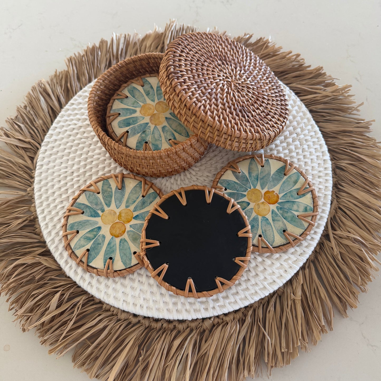 Capiz & Rattan Drink Coaster | Set of 6 | ONLY 1 SET LEFT