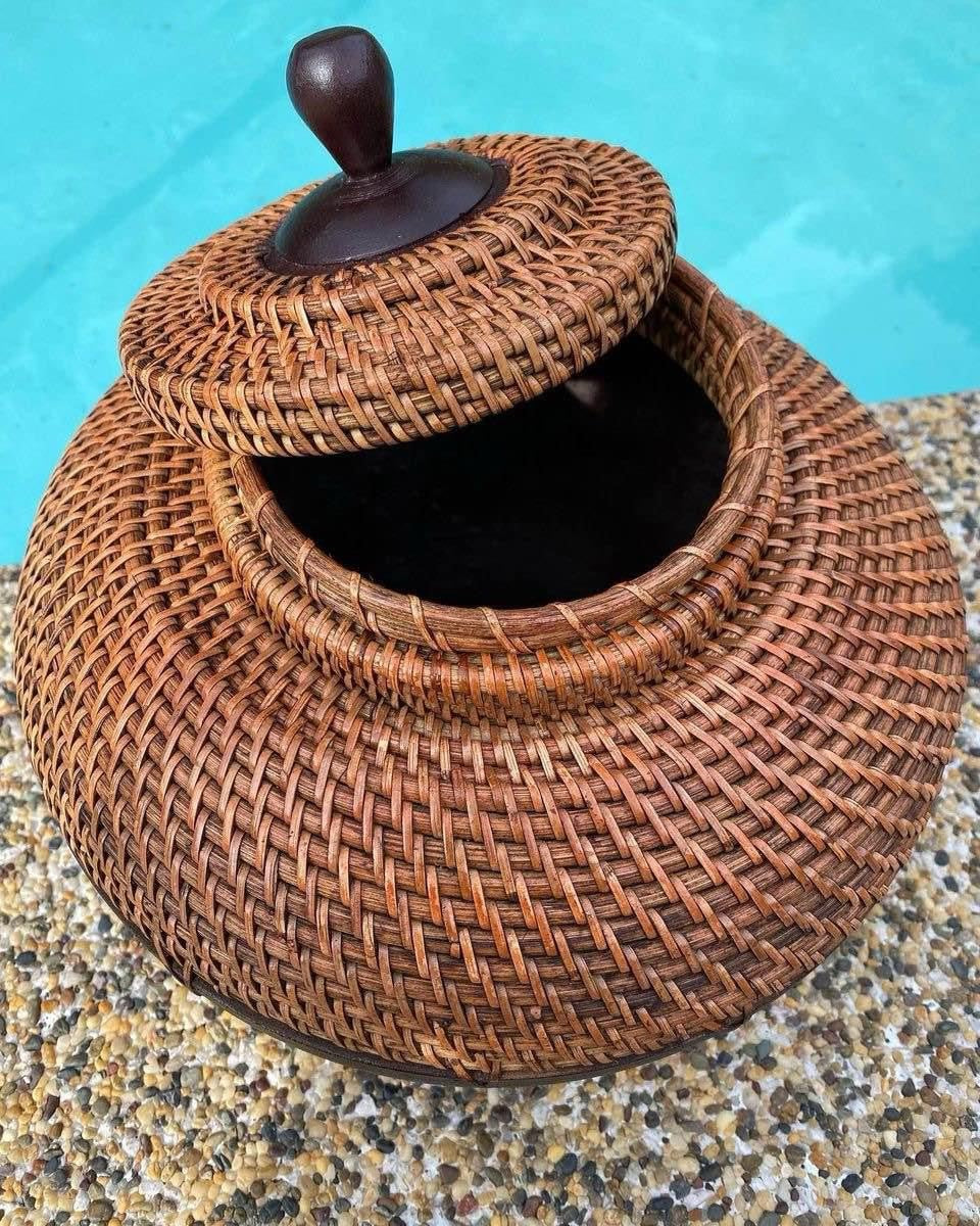 Wood and Rattan Canister/Pot