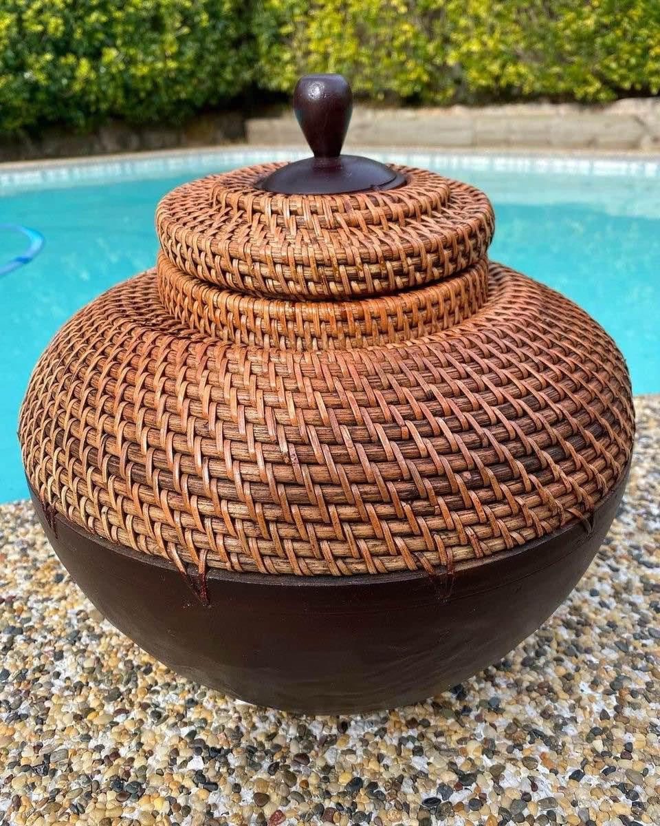 Wood and Rattan Canister/Pot