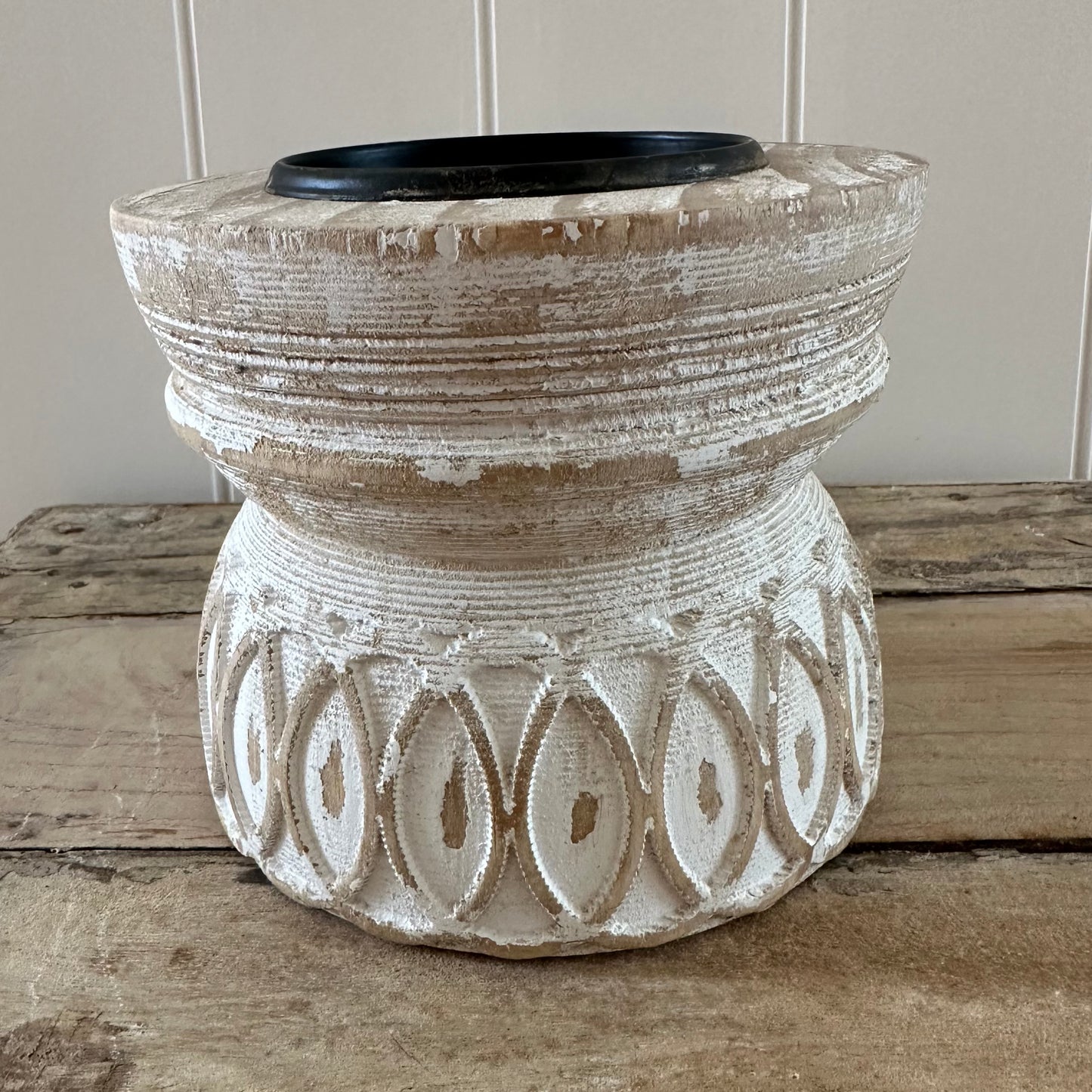 Wooden Candle Holder | White Washed Boho