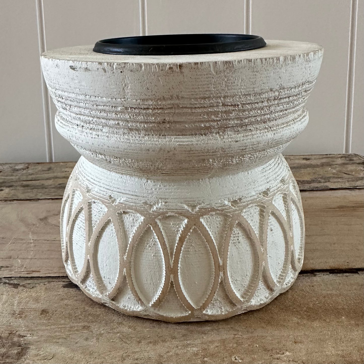 Wooden Candle Holder | White Washed Boho