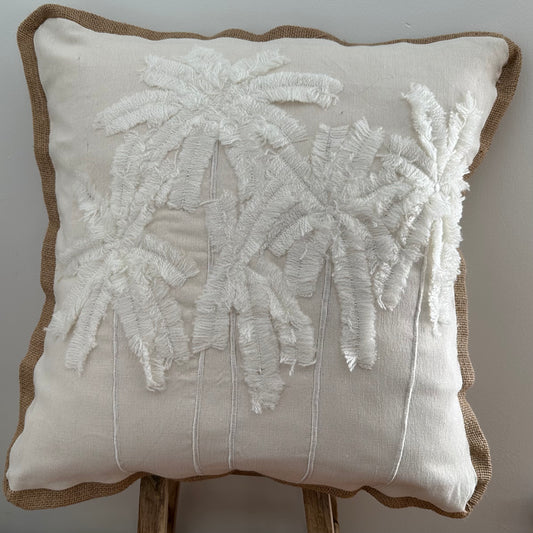 Cotton Coastal Palms Cushion Cover | Hessian Trim | IVORY