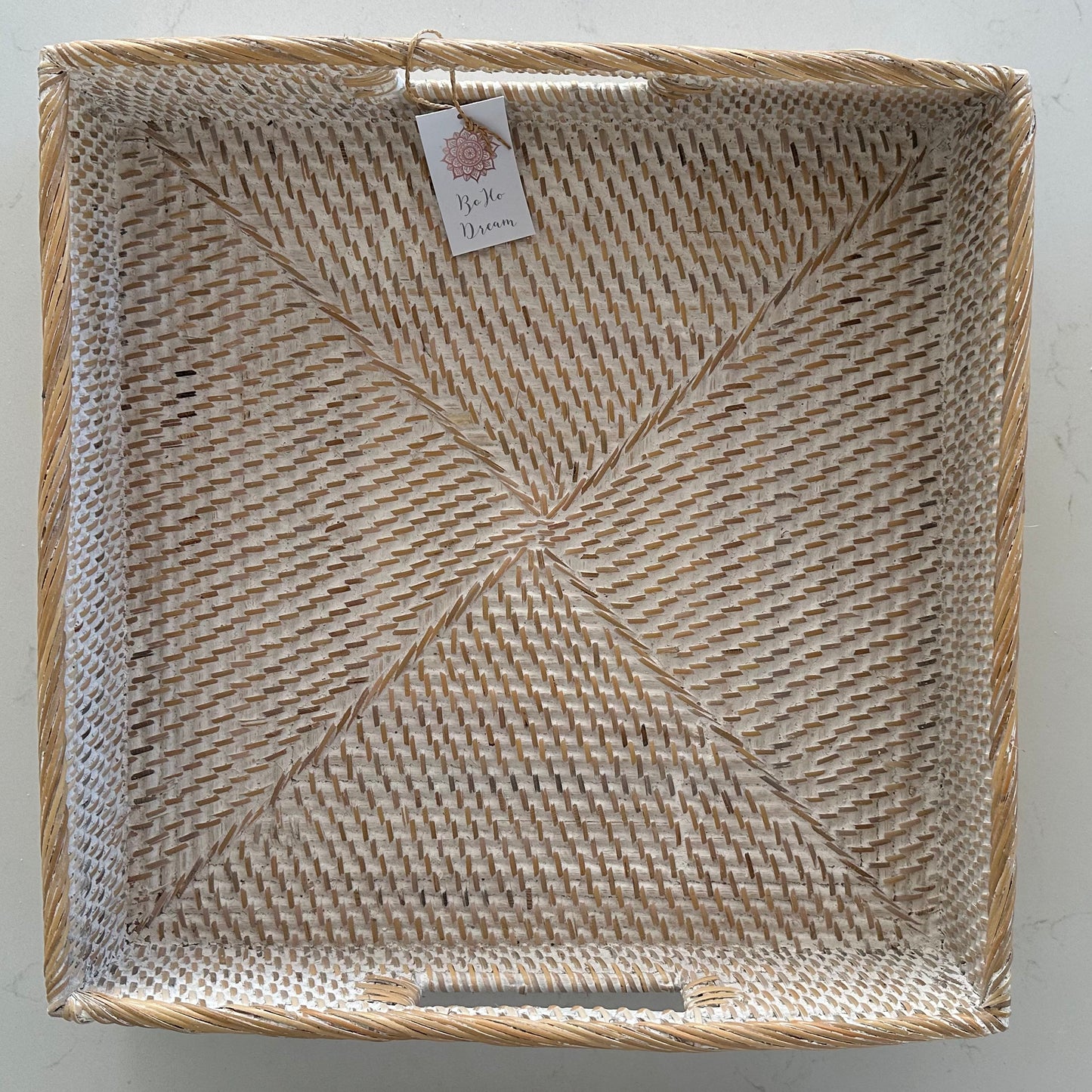 Hamptons Rattan Tray - Square Whitewashed | Medium