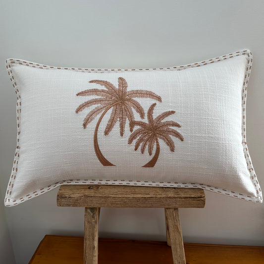 Coastal BoHo Linen Palms Cushion Cover | Ivory | Stitching | Lumbar