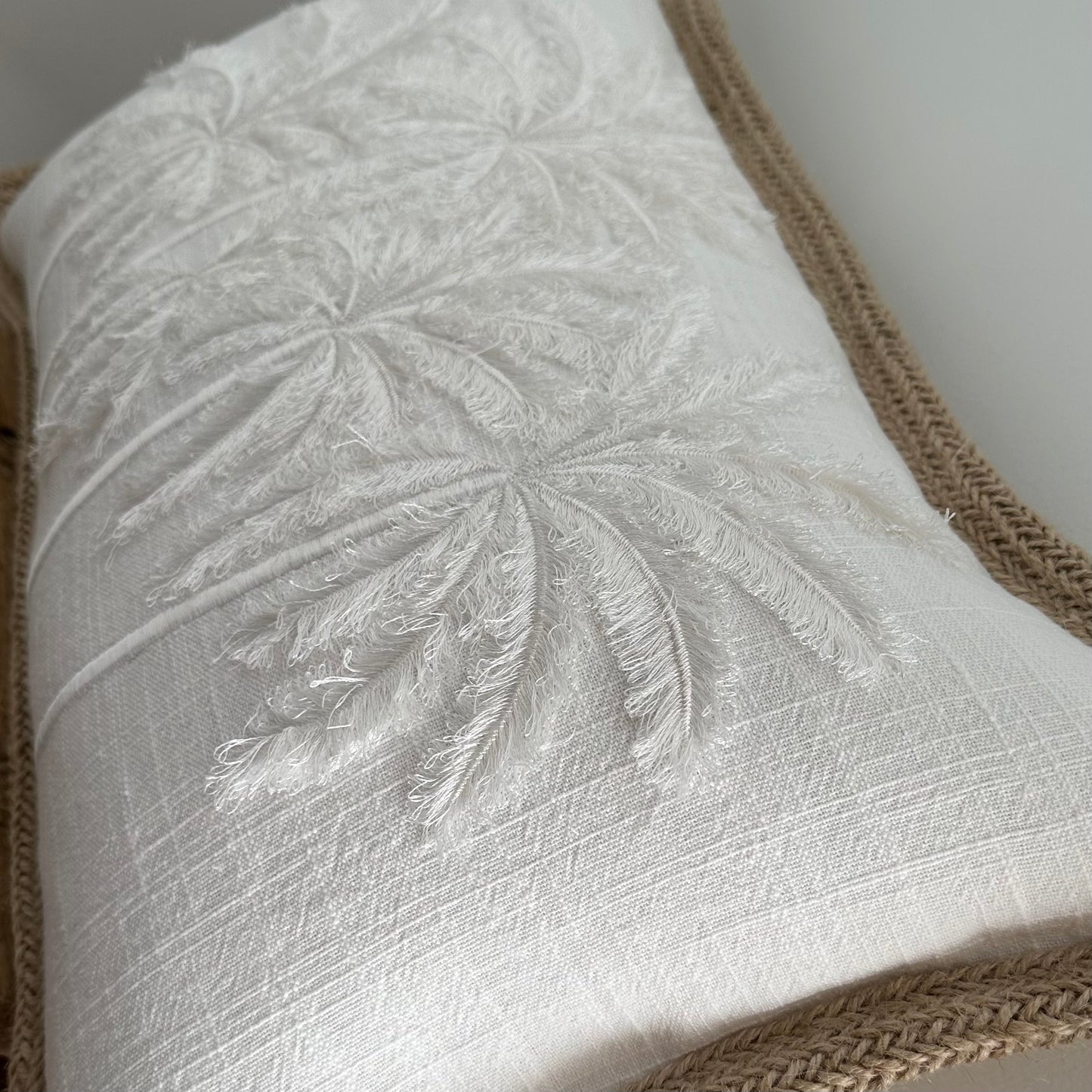 Boho Palms Linen Cushion Cover | Hessian Trim | Lumbar