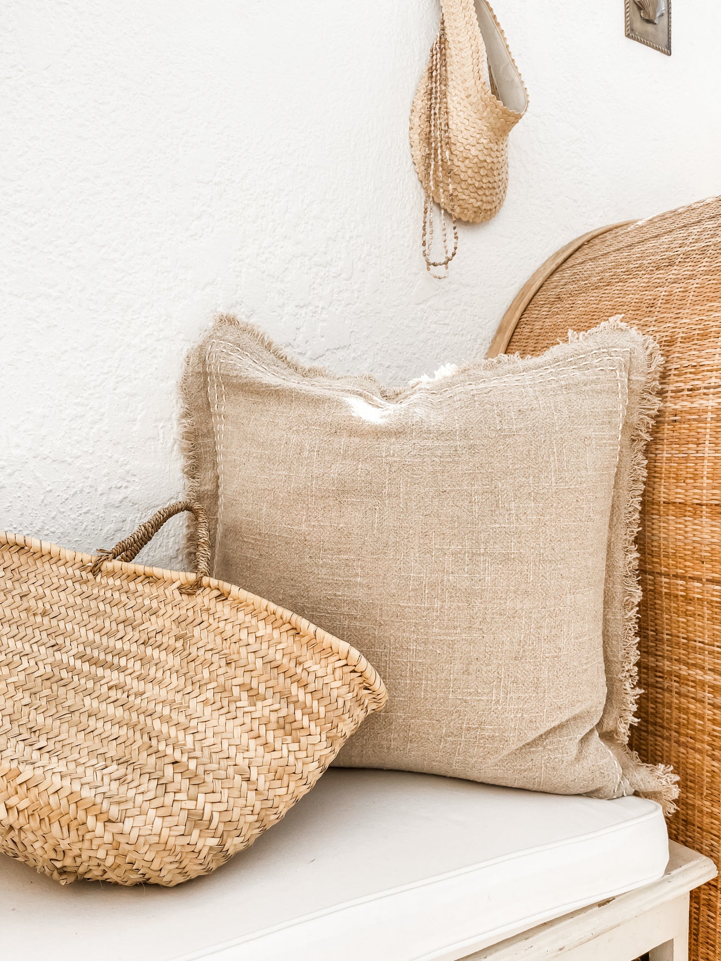 Venice Boho Natural Linen Cushion Cover | Mocha | Stitch | Fringe