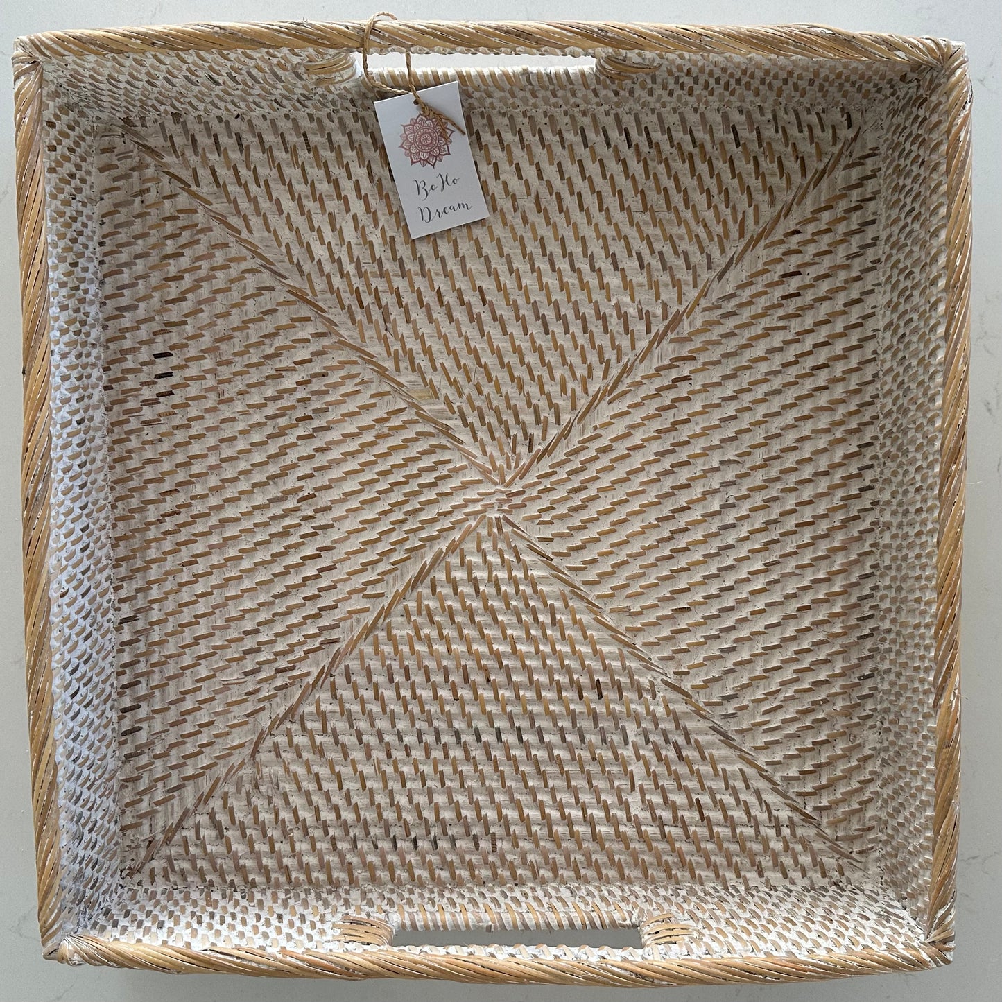 Hamptons Rattan Tray - Square Whitewashed | Medium