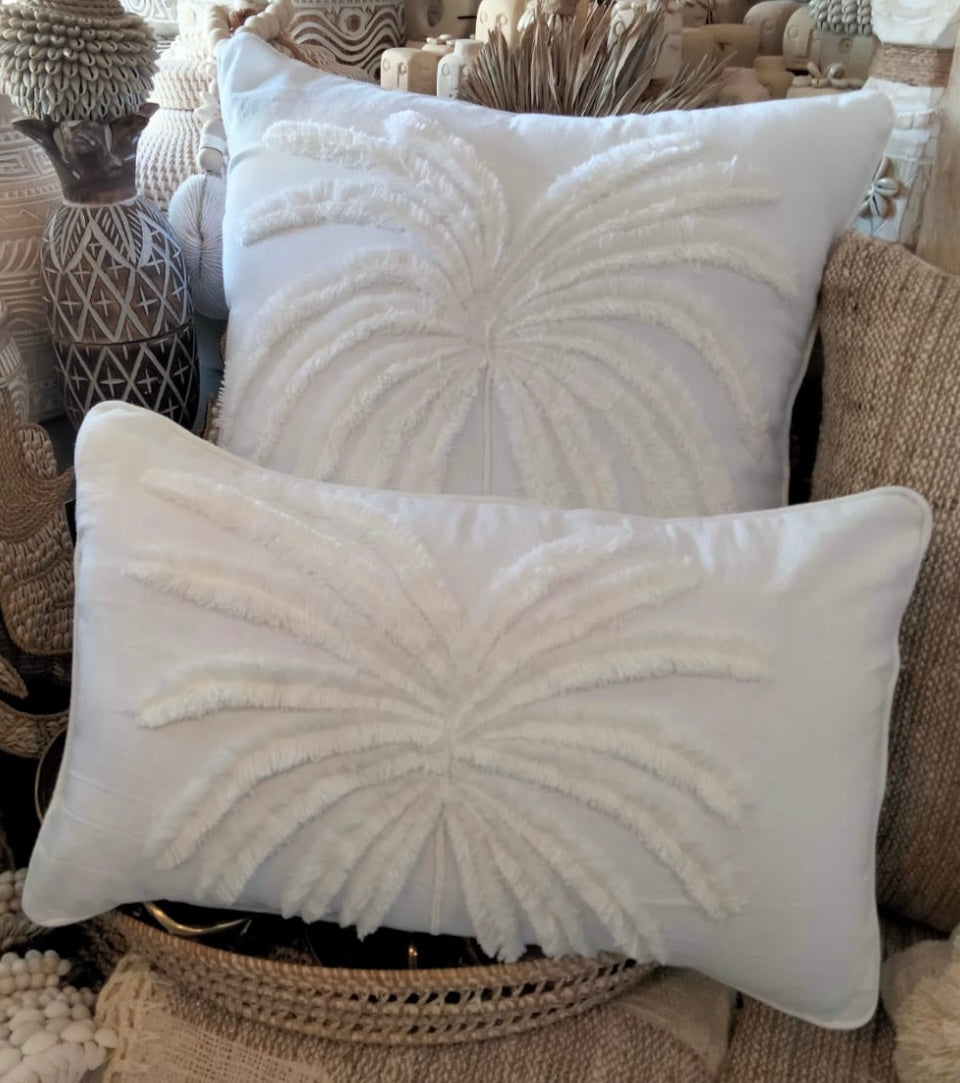 Cotton Coastal Tufted Palm Cushion Cover | White