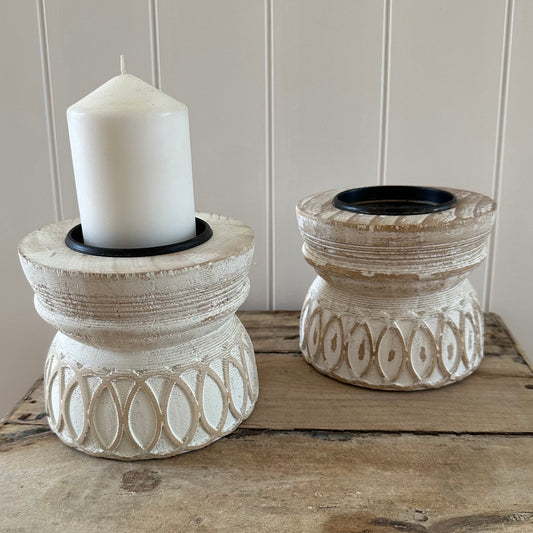 Wooden Candle Holder | White Washed Boho