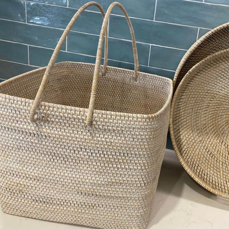 Rattan Basket - Square Whitewashed