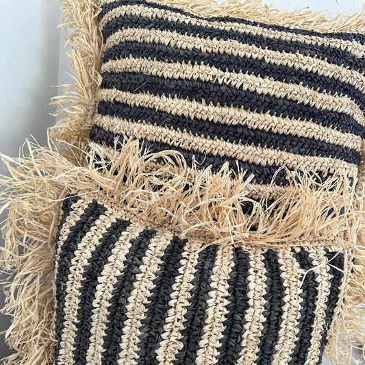 Raffia Cushion Cover with Fringe Natural with Black Stripe