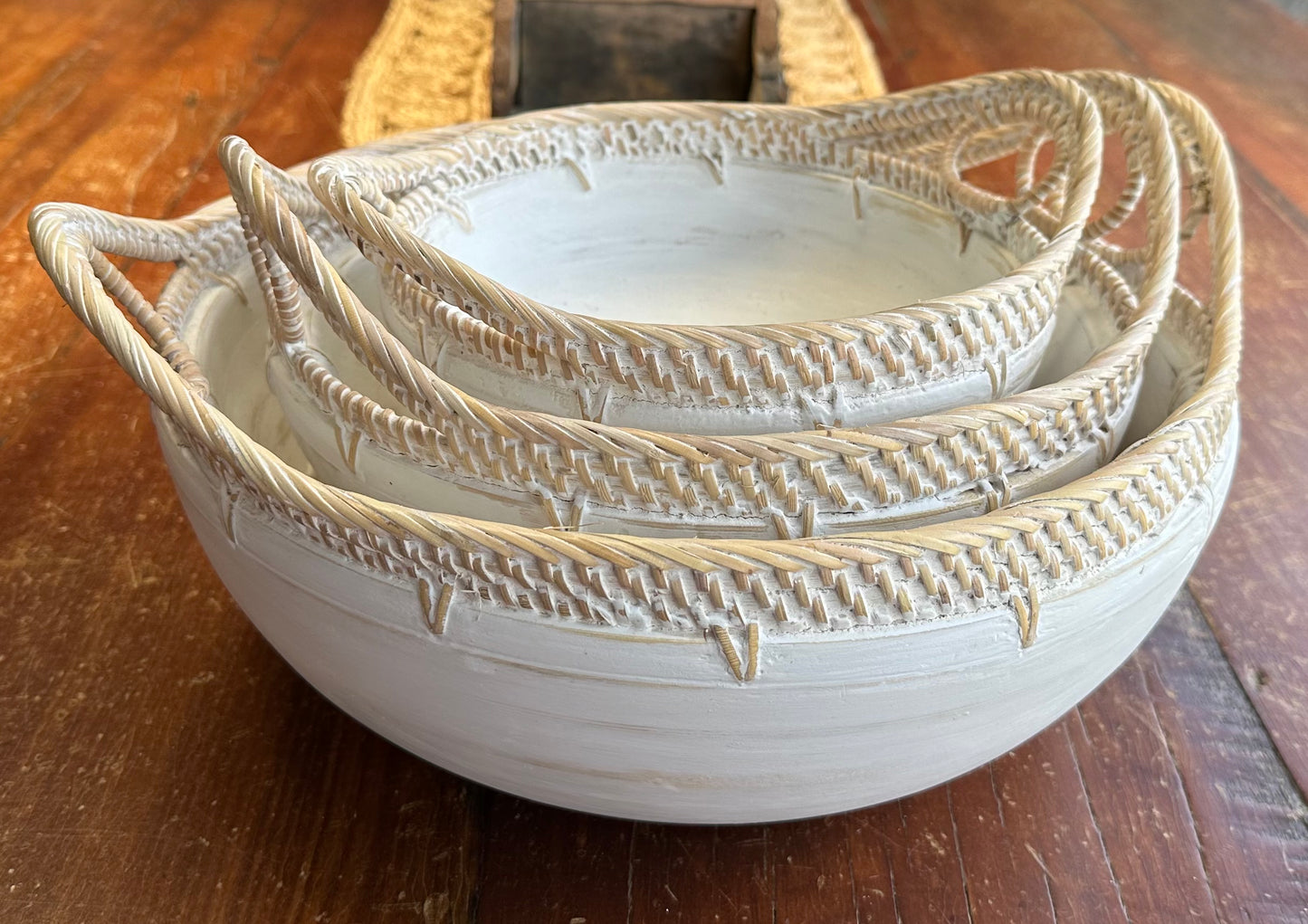 Sylvie Wood and Rattan Rustic Bowl | 3 Sizes | Style 2