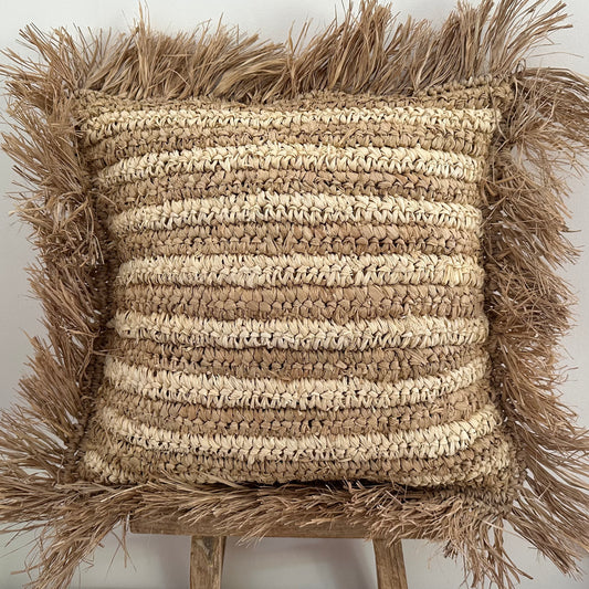 Raffia Cushion Cover with Fringe Natural Stripe