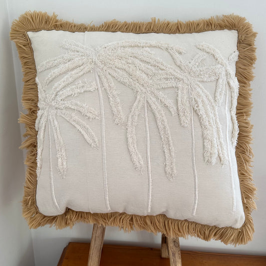 Cotton Coastal Palms Cushion Cover with Fringe | IVORY