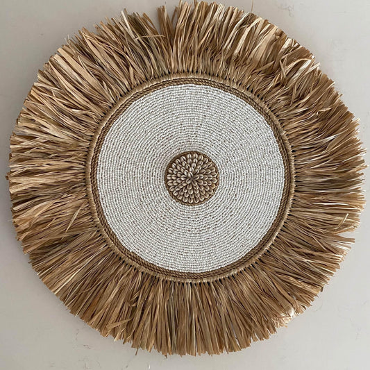 Sunshine XL Bead Shell and Raffia Wall Disk | White | 65cm | SOLD OUT