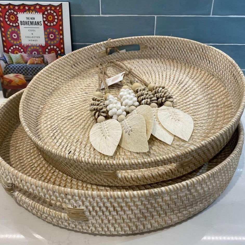 Hamptons Rattan Trays - Round | Whitewashed | 2 sizes