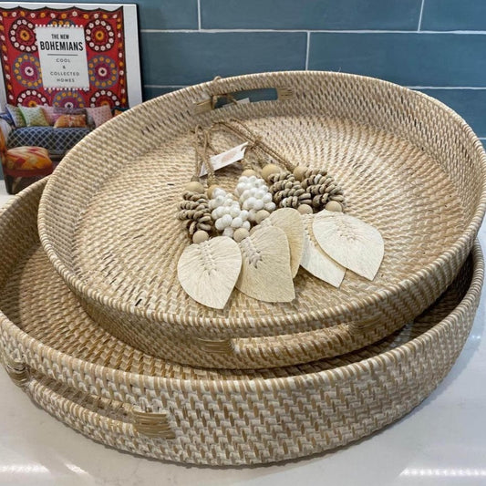 Hamptons Rattan Trays - Round | Whitewashed | 2 sizes