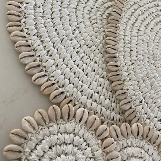 Natural Raffia with Cowrie Coaster | WHITE