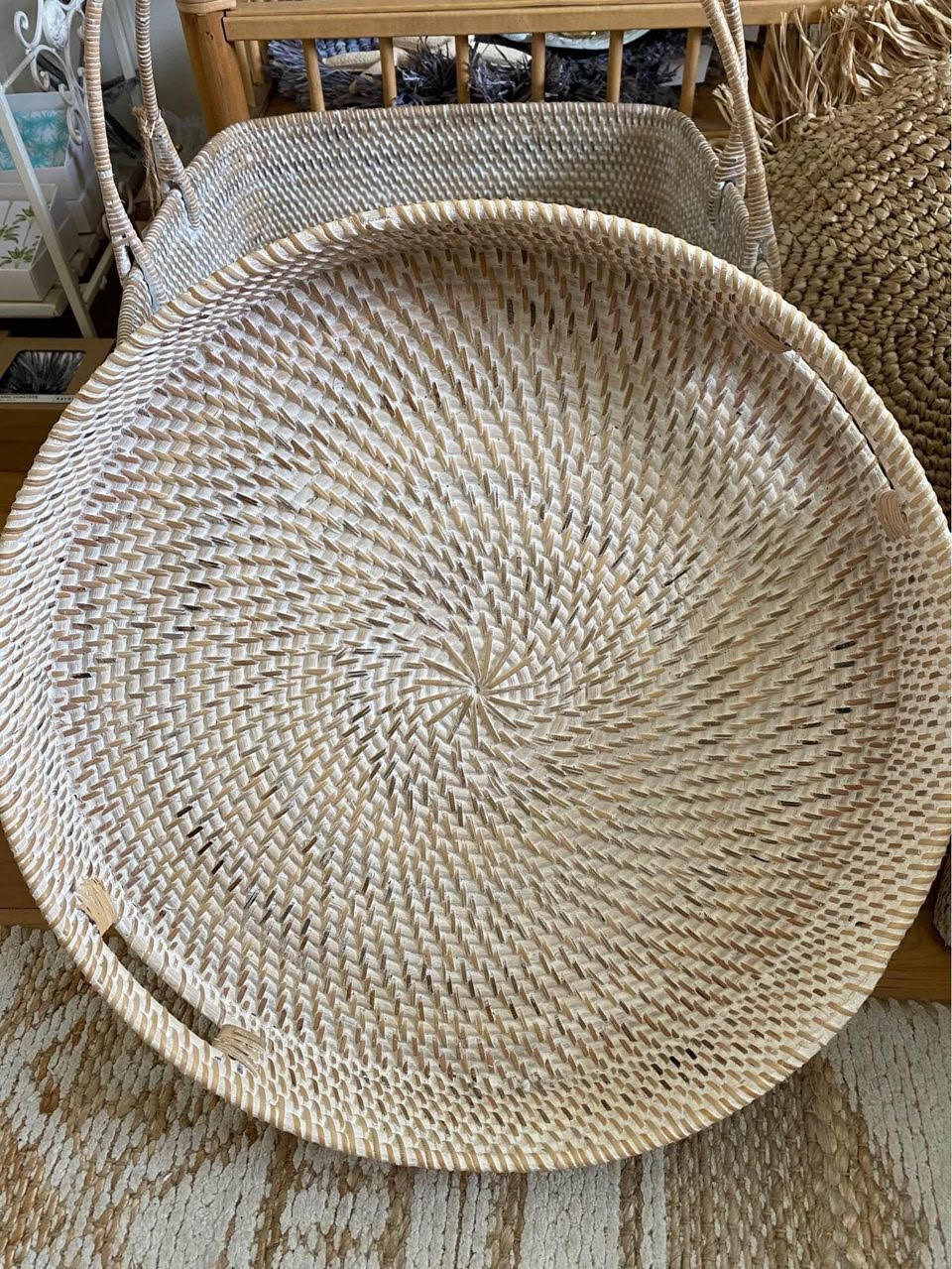 Hamptons Rattan Trays - Round | Whitewashed | 2 sizes